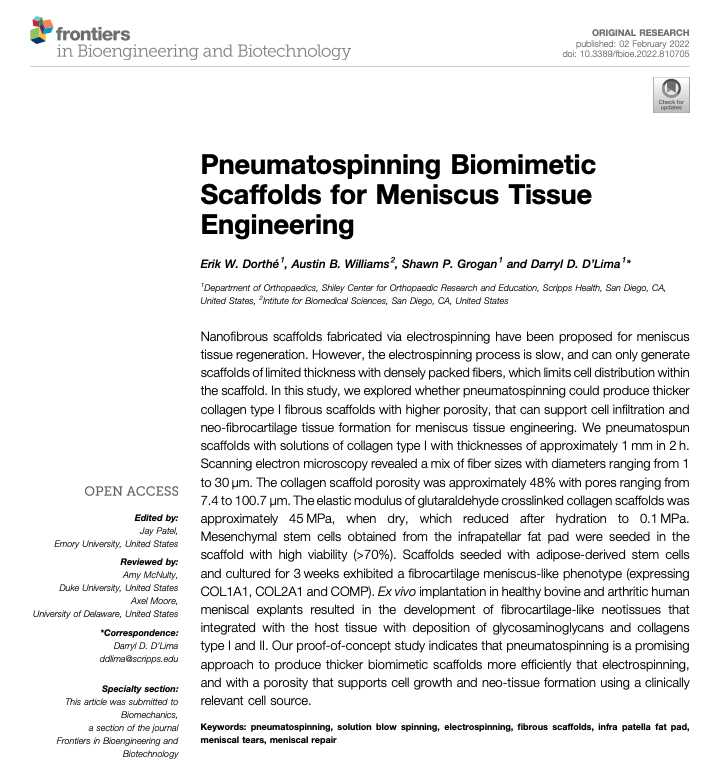 &ldquo;Pneumatospinning Biomimetic Scaffolds for Meniscus Tissue Engineering&rdquo;